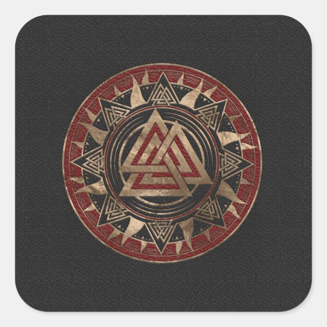 Valknut Symbol Black and Red Leather and gold Square Sticker (Front)