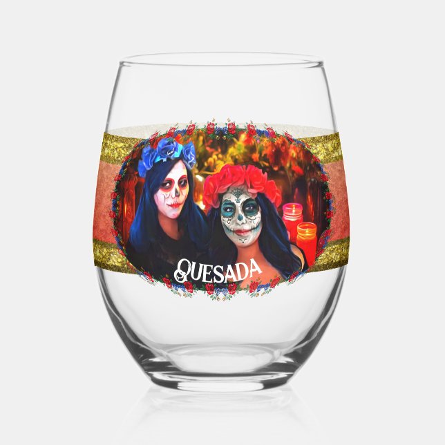 Vallarta Catrinas with Flowers & Candles 1718 Stemless Wine Glass (Front)