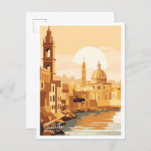Valletta Malta Art Travel Vintage illustration Postcard