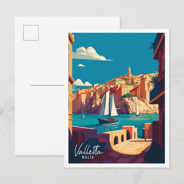Valletta Malta Art vintage travel illustration Postcard (Front/Back)