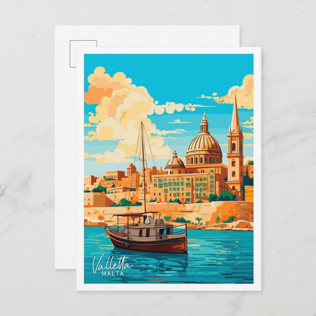 Valletta Malta Travel Vintage illustration Postcard (Front/Back)