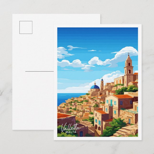 Valletta Malta Travel Vintage illustration Postcard (Front/Back)