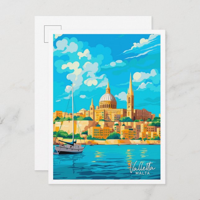 Valletta Malta Travel Vintage illustration Postcard (Front/Back)