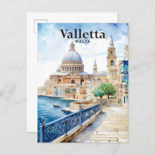 Valletta Malta Watercolor Painting Travel Postcard
