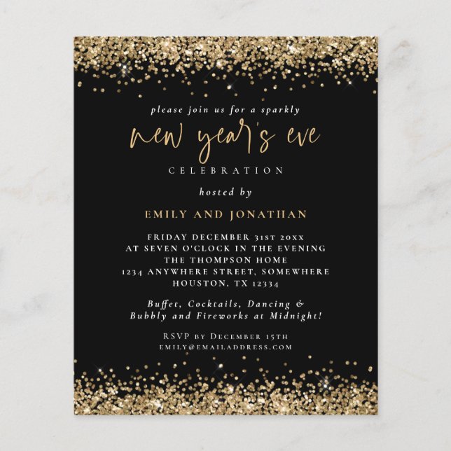 Value Gold Glitter New Years Eve Black Invite Flyer (Front)