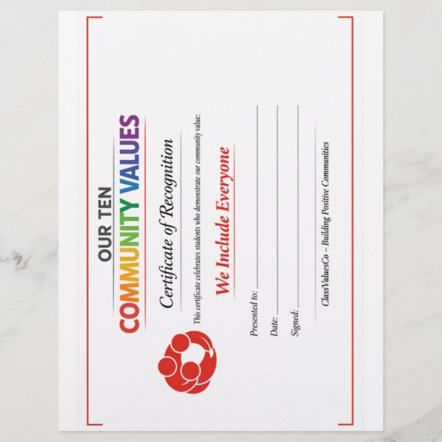 Value Inclusion Certificate  Custom Letterhead (Front)