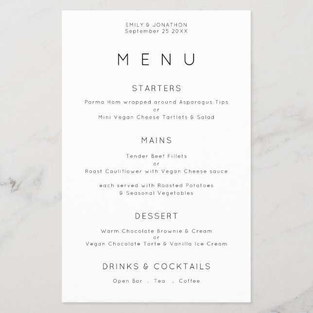 Value Simple Typography Black White Wedding Menu (Front)