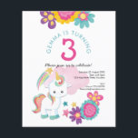 Value Unicorn Girl 3rd Birthday Party Invitation Flyer<br><div class="desc">A great value alternative WITHOUT ENVELOPES at SMALLER size 4.5” x 5.6” and at a budget price. (Standard A6 envelopes are the nearest size to fit). A cute unicorn themed design for your little girl's 3rd Birthday Party, along with colourful simplistic florals in shades of pink, teal and yellow. All...</div>