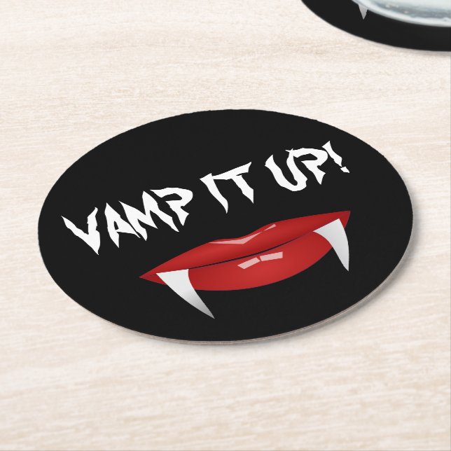 "VAMP IT UP!" Vampire Fangs Halloween Round Paper Coaster (Angled)