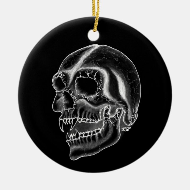 Vampir skull black and white design ceramic tree decoration (Front)