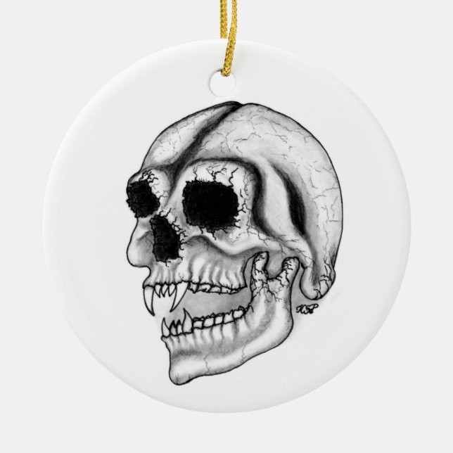 Vampir skull black and white design ceramic tree decoration (Front)