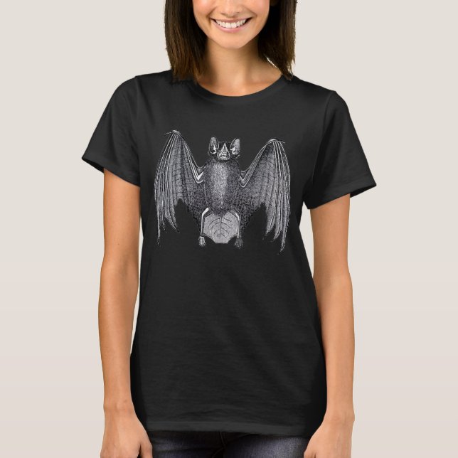 Vampire Bat Vintage Print Ladies Black Tshirt (Front)