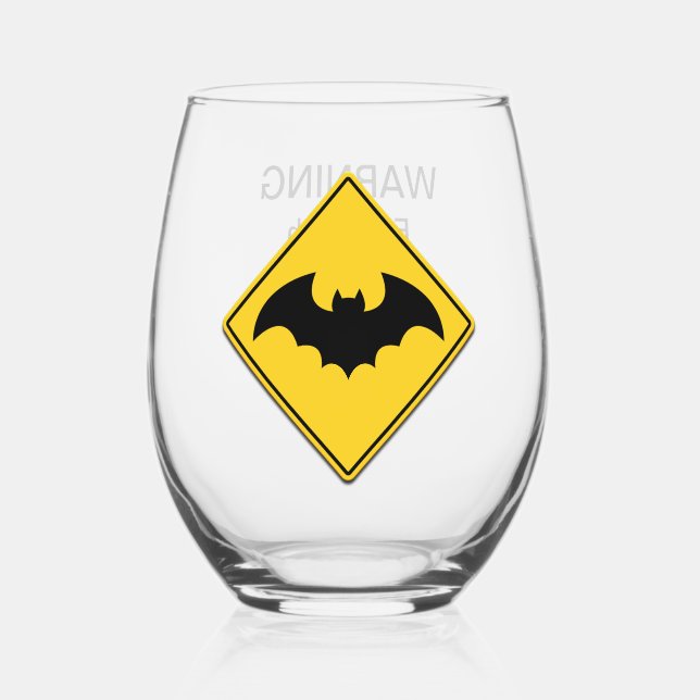 Vampire Bat Warning Halloween Stemless Wine Glass (Front)
