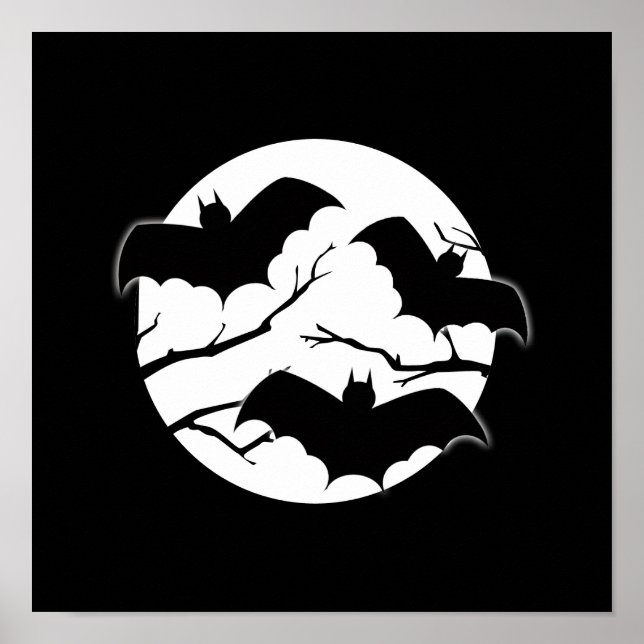 Vampire Bats Trees Silhouette Full Moon Halloween Poster (Front)