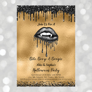 Vampire Black Glitter Lips Adult Halloween Gold  Invitation