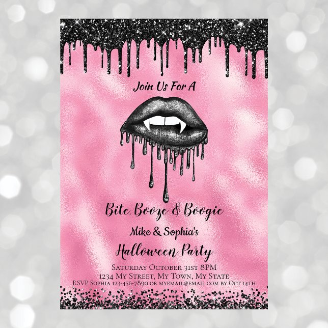 Vampire Black Glitter Lips Adult Halloween Pink  Invitation (Front)