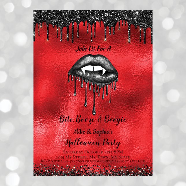 Vampire Black Glitter Lips Adult Halloween Red  Invitation (Front)