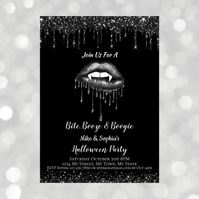 Vampire Black Glitter Lips & Fangs Adult Halloween Invitation (Creator Uploaded)