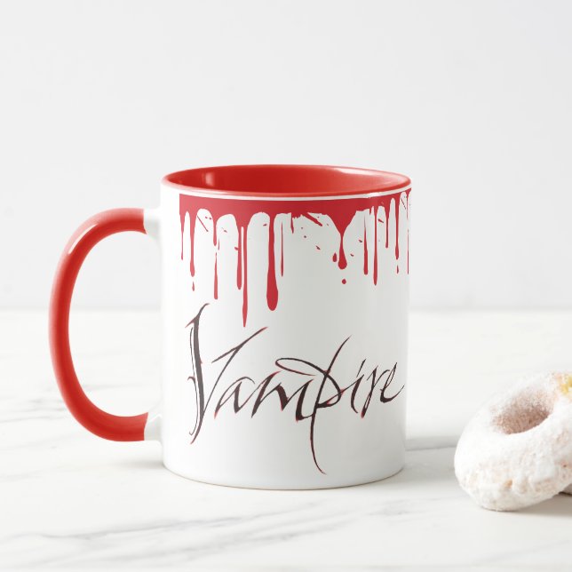 Vampire Blood Morning Coffee Halloween Lettering Mug (With Donut)