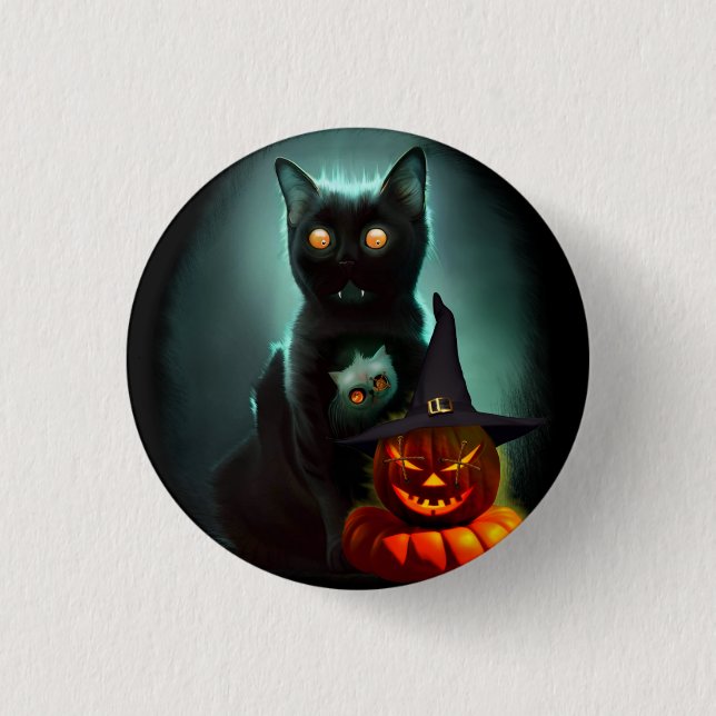 Vampire Cat and Wizard Pumpkin Halloween Surreal  3 Cm Round Badge (Front)