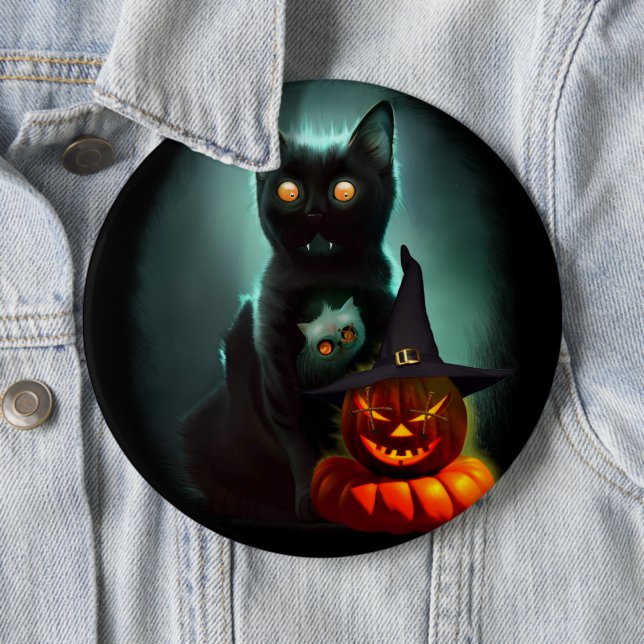 Vampire Cat and Wizard Pumpkin Halloween Surreal  6 Cm Round Badge (In Situ)