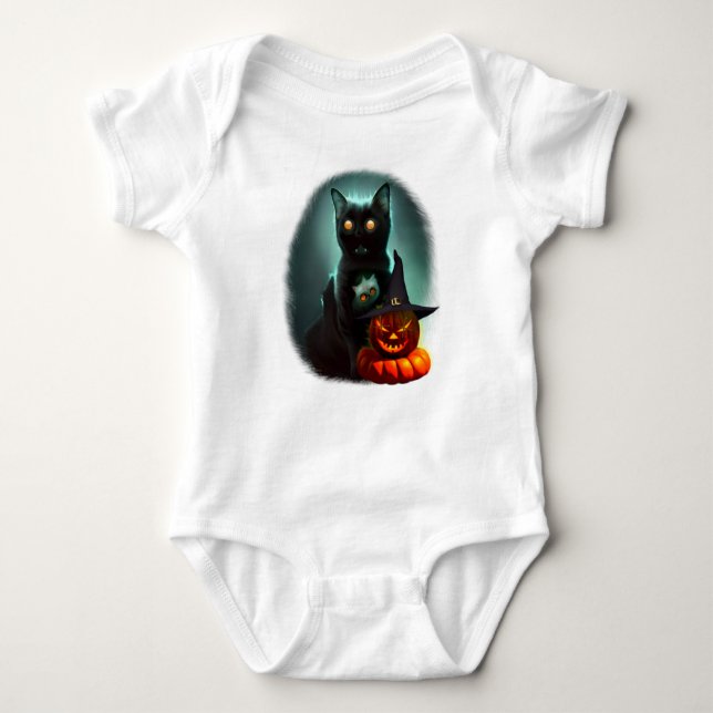 Vampire Cat and Wizard Pumpkin Halloween Surreal   Baby Bodysuit (Front)