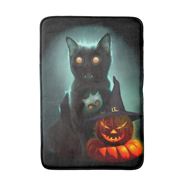 Vampire Cat and Wizard Pumpkin Halloween Surreal   Bath Mat (Front Vertical)