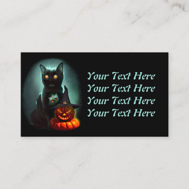 Vampire Cat and Wizard Pumpkin Halloween Surreal   Business Card (Front)