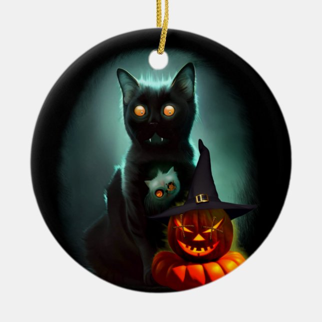 Vampire Cat and Wizard Pumpkin Halloween Surreal  Ceramic Tree Decoration (Front)