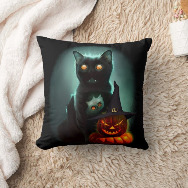 Vampire Cat and Wizard Pumpkin Halloween Surreal   Cushion (Blanket)