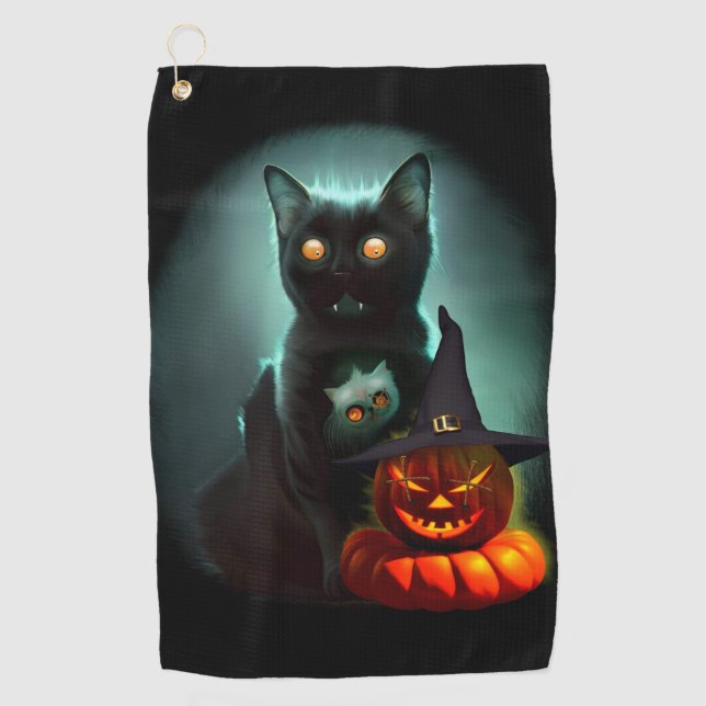 Vampire Cat and Wizard Pumpkin Halloween Surreal  Golf Towel (Front)