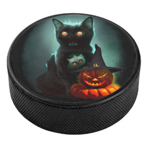 Vampire Cat and Wizard Pumpkin Halloween Surreal  Hockey Puck