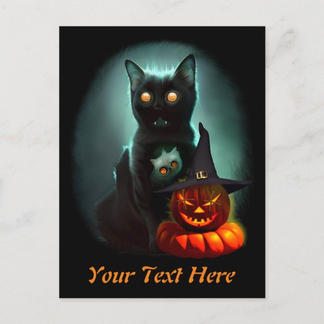 Vampire Cat and Wizard Pumpkin Halloween Surreal  Holiday Postcard (Front)
