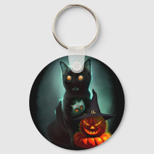 Vampire Cat and Wizard Pumpkin Halloween Surreal  Key Ring