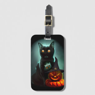 Vampire Cat and Wizard Pumpkin Halloween Surreal Luggage Tag
