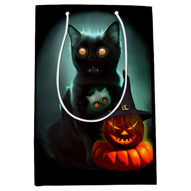 Vampire Cat and Wizard Pumpkin Halloween Surreal   Medium Gift Bag (Front)