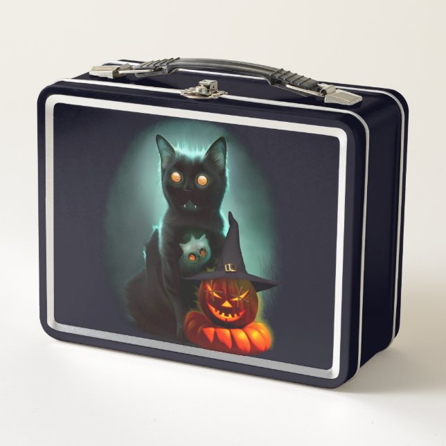 Vampire Cat and Wizard Pumpkin Halloween Surreal   Metal Lunch Box (Front)