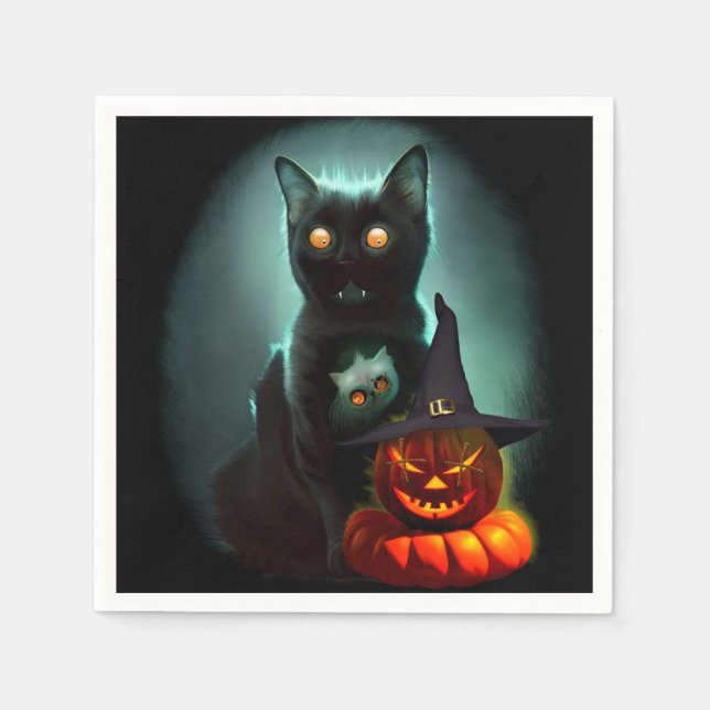 Vampire Cat and Wizard Pumpkin Halloween Surreal   Napkin (Front)