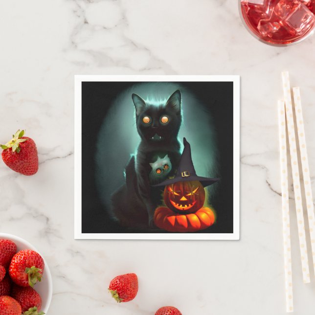 Vampire Cat and Wizard Pumpkin Halloween Surreal  Napkin (Insitu)