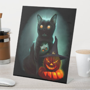 Vampire Cat and Wizard Pumpkin Halloween Surreal Pedestal Sign