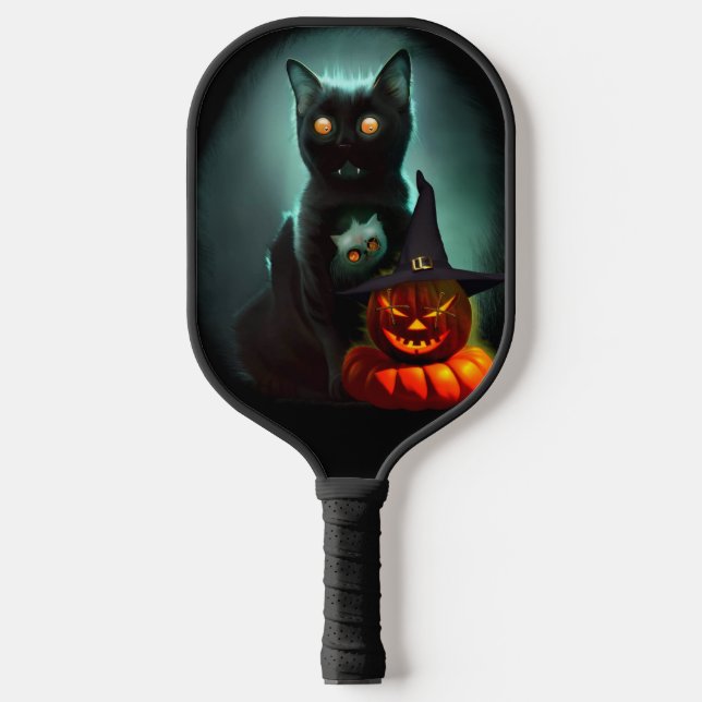 Vampire Cat and Wizard Pumpkin Halloween Surreal  Pickleball Paddle (Front)
