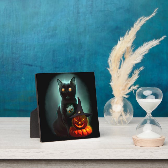 Vampire Cat and Wizard Pumpkin Halloween Surreal  Plaque (Insitu)