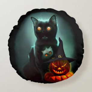 Vampire Cat and Wizard Pumpkin Halloween Surreal   Round Cushion
