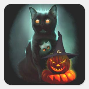 Vampire Cat and Wizard Pumpkin Halloween Surreal   Square Sticker
