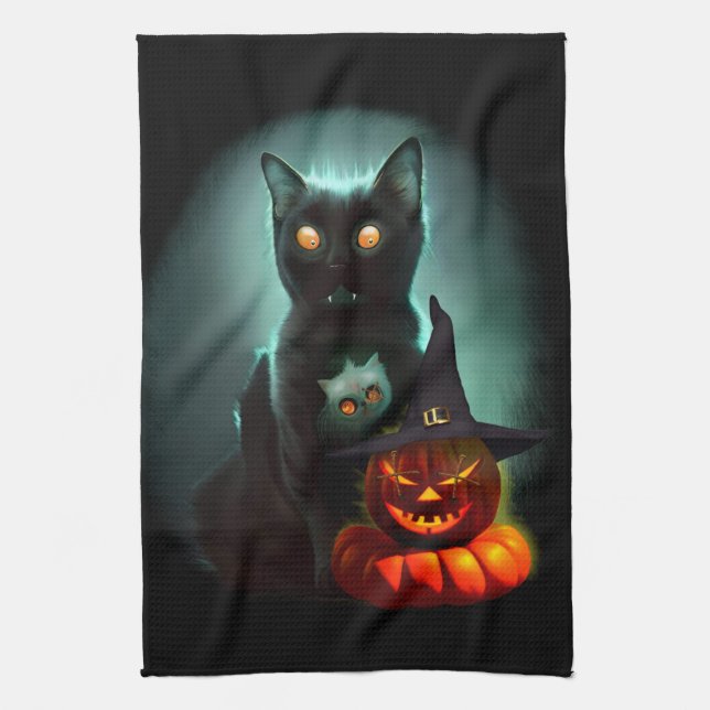 Vampire Cat and Wizard Pumpkin Halloween Surreal  Tea Towel (Vertical)