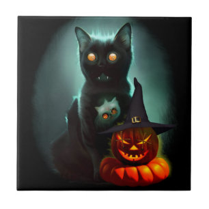 Vampire Cat and Wizard Pumpkin Halloween Surreal   Tile