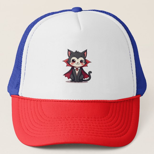 Vampire Cat – Cute Halloween Pet Tee Trucker Hat (Front)
