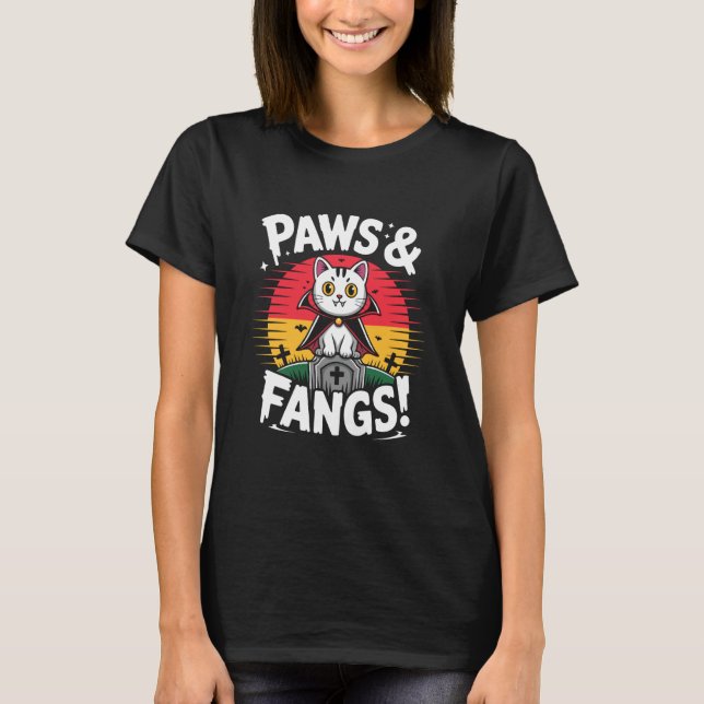 Vampire Cat on Gravestone Paws and Fangs Sunset T-Shirt (Front)