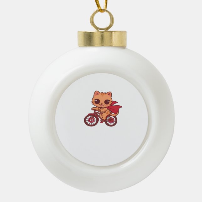 Vampire Cat on Halloween Bike Ride – Cute Spooky K Ceramic Ball Christmas Ornament (Front)