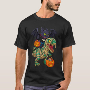 Vampire Cat Riding Mummy Dinosaur T rex Halloween T-Shirt
